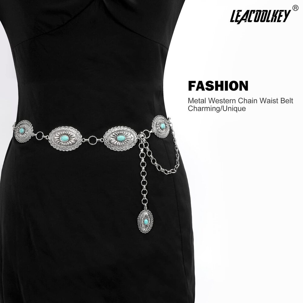 6436 Women Turquoise Concho Chain Waist Belt Silver Western Cowgirl Metal - Picture 4 of 6